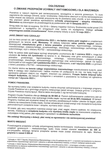 Na plakacie znajduje się ogłoszenie o zmianach w uchwale antysmogowej dotyczących regionu Mazowsza