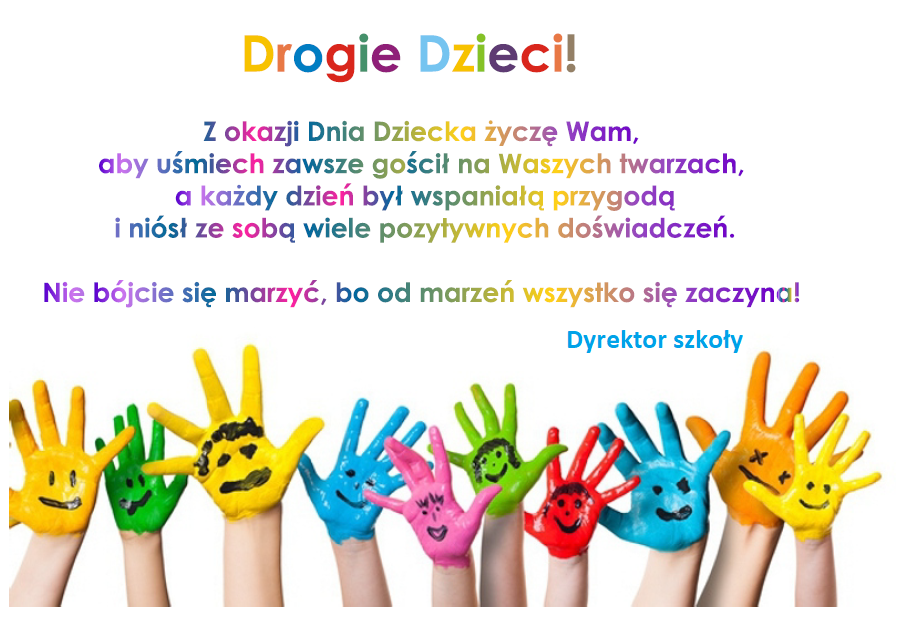Na dole kolorowe ręce dzieci z narysowanymi uśmiechami, całośc obrazka wypełniają kolorowe napisy składające się na życzenia